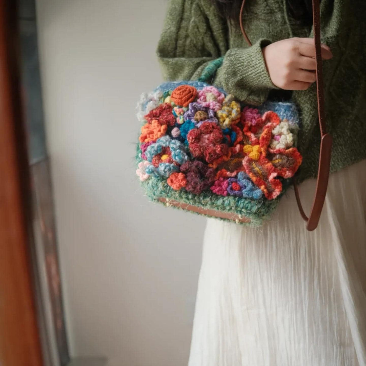 Original Crochet Flower Tote, Hand-Knitted Wool Blend Bag,Floral Applique Purse, Artistic Shoulder Bag, Gift for Her, Wedding Guest Bag
