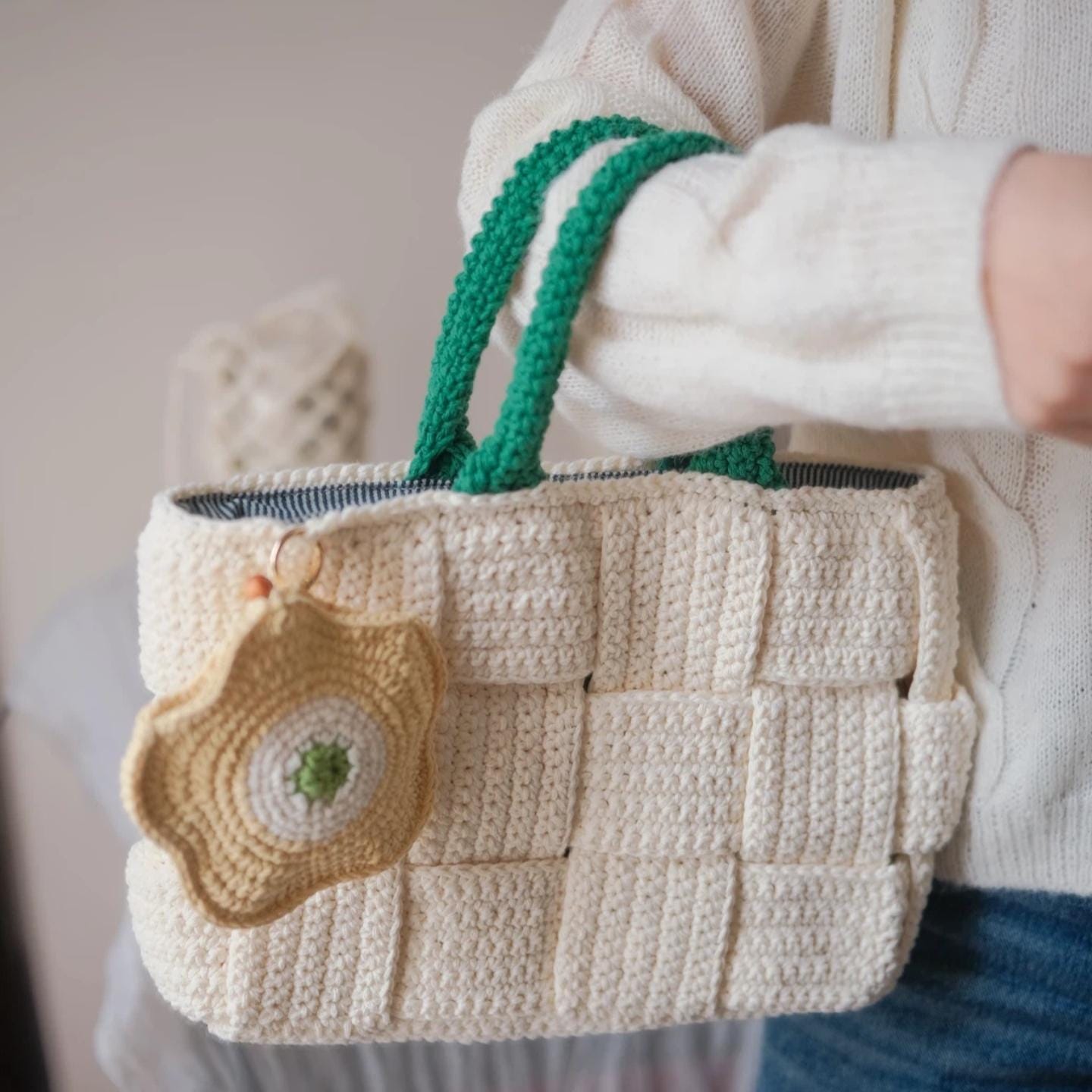 Handmade Woven Crochet Tote Bag - Cream Textured Basket Weave Shoulder Bag with Heavy-Duty Structure and Striped Fabric Lining, Gift for her