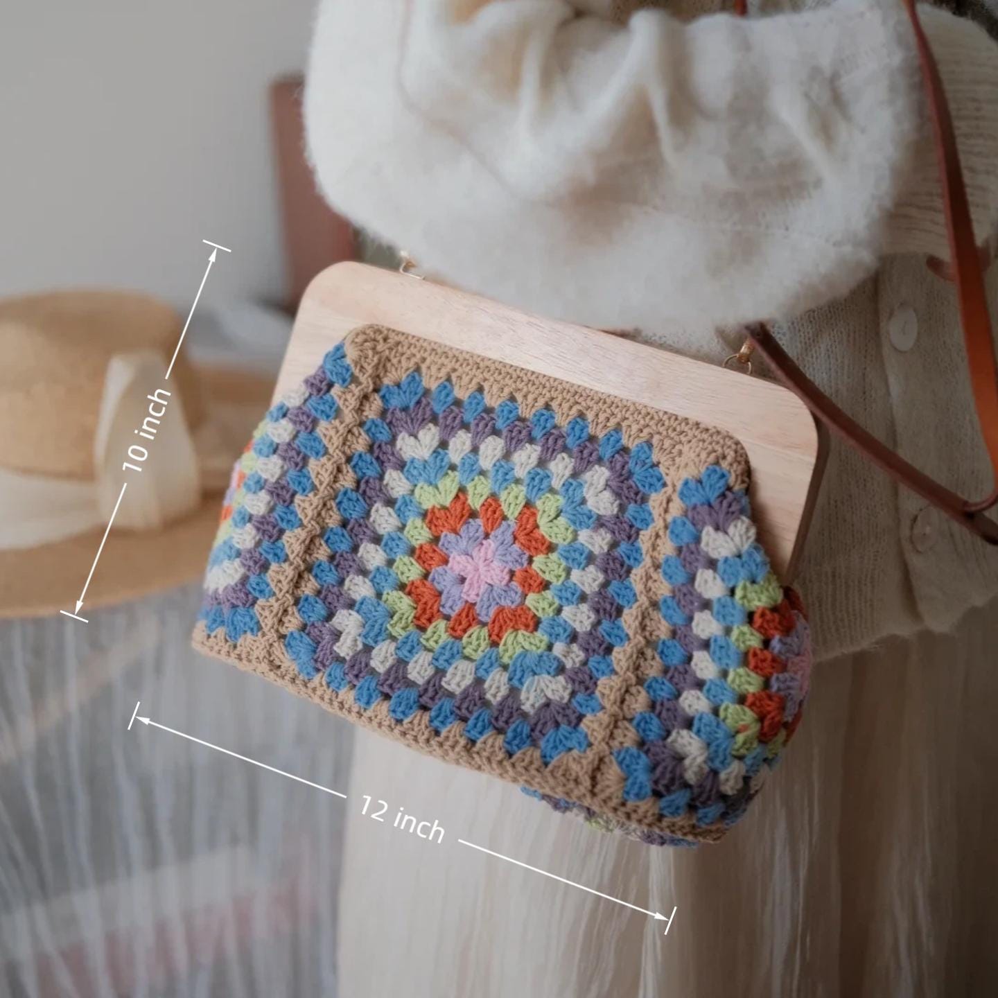 Handmade Granny Square Shoulder Bag, Anti-Pilling Yarn Wooden Frame Purse, Unique Crossbody Clutch, 10x12 Inch Handbag, Gift for her
