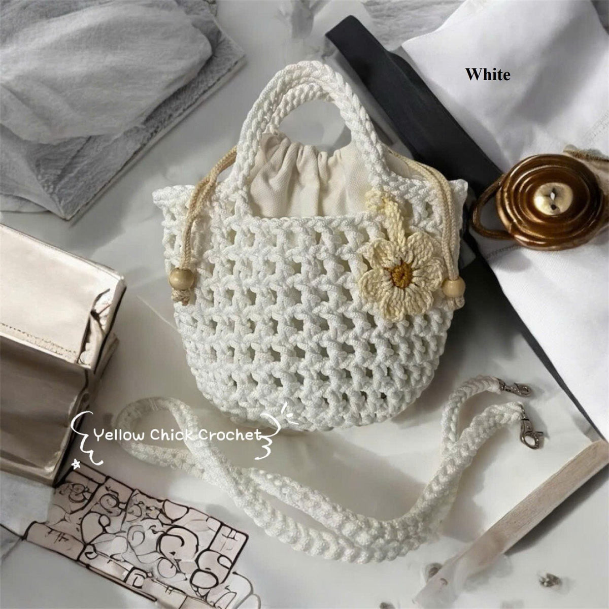 Handmade Crochet Mesh Bag with Flower Charm, Elegant Short Handbag, Custom Colors, Floral crochet bag, Mother's Day gift, Easter Gift