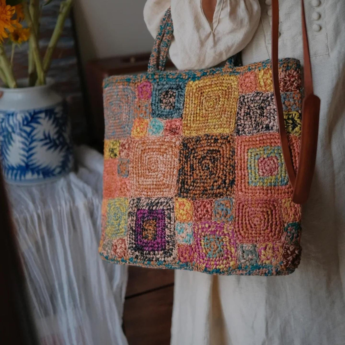 Artisan Raffia Patchwork Tote, Handcrafted Crochet Beach Bag, Sturdy Woven Purse with Cotton Lining, Unique Gift for Her, Gift for her