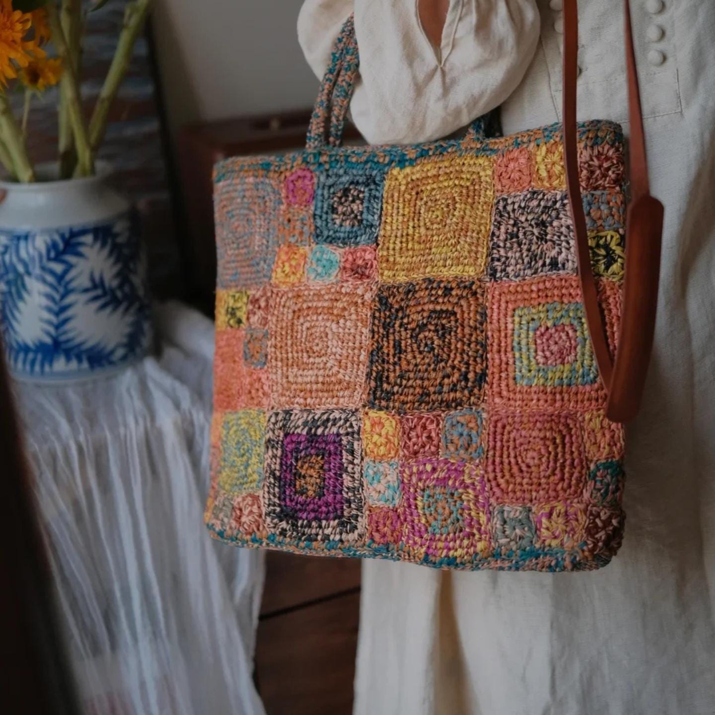 One-of-a-Kind Raffia Crochet Bag, Heavy-Duty Handwoven Tote with Magnetic Closure, Bohemian Summer Shoulder Bag, Gift for her