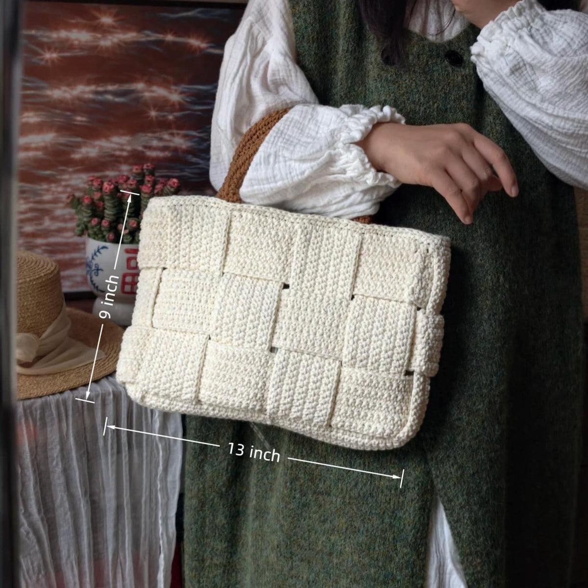 Handmade Woven Crochet Tote Bag - Cream Textured Basket Weave Shoulder Bag with Heavy-Duty Structure and Striped Fabric Lining, Gift for her