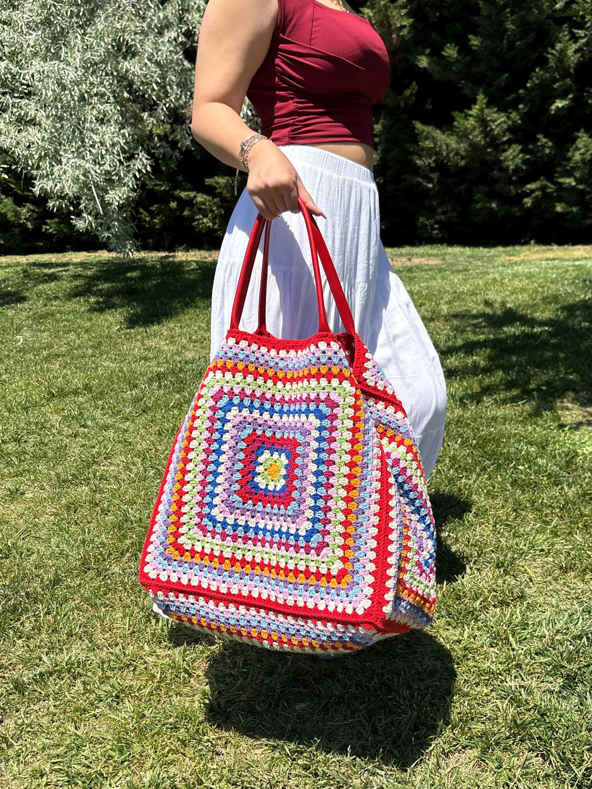 XXL Crochet Granny Square Tote: Leather Handles, Boho Weekender, Spring Style Bag