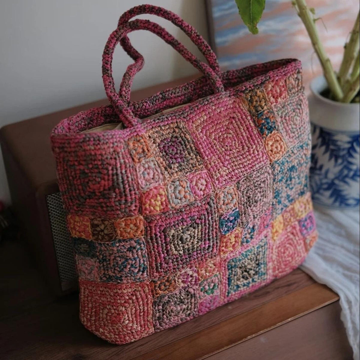Artisan Raffia Patchwork Tote, Handcrafted Crochet Beach Bag, Sturdy Woven Purse with Cotton Lining, Unique Gift for Her, Gift for her