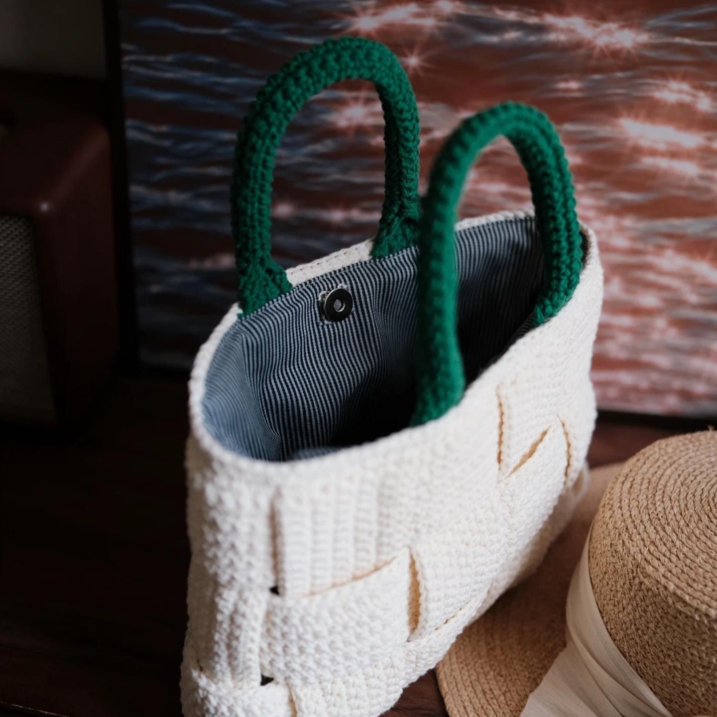 Classic Handmade Crochet Tote - Heavy-Duty Woven Basket Purse, Large Capacity Knit Shoulder Bag with Secure Snap Button, Gift for mon