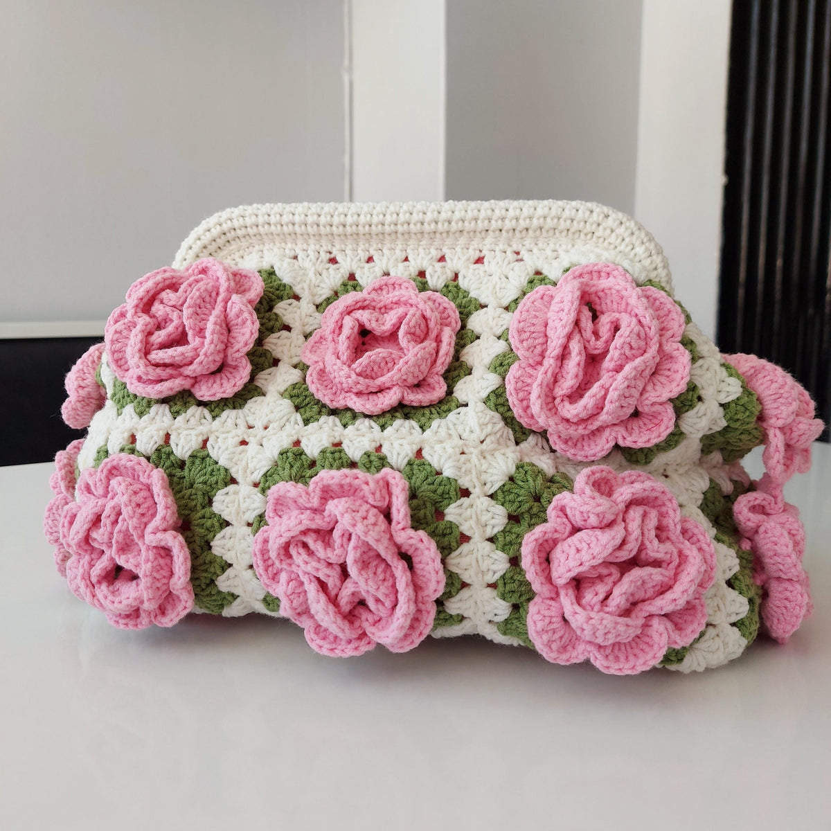Crochet Rose Granny Square Kiss Lock Bag: Handmade Cotton Purse, Galentine's Day Gifts Bag, Valentine Tote Bag