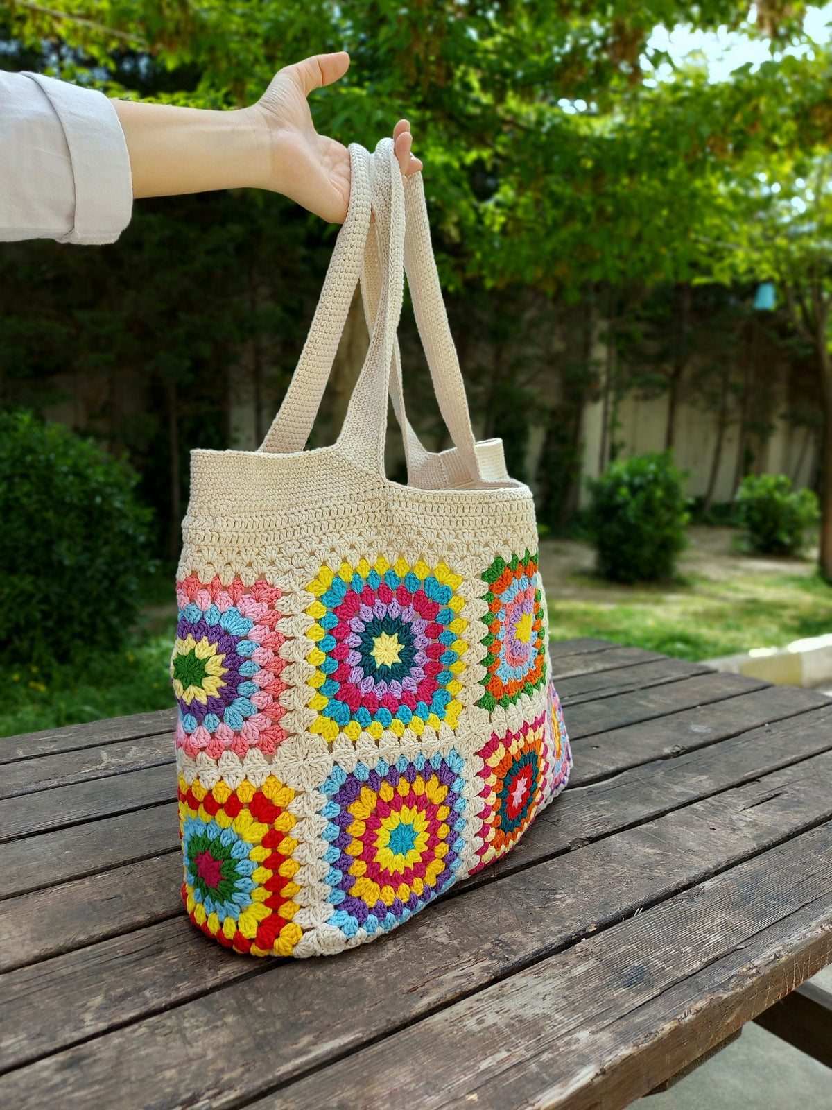 Granny Square Crochet Tote Bag: Colorful Hippie Shoulder Bag