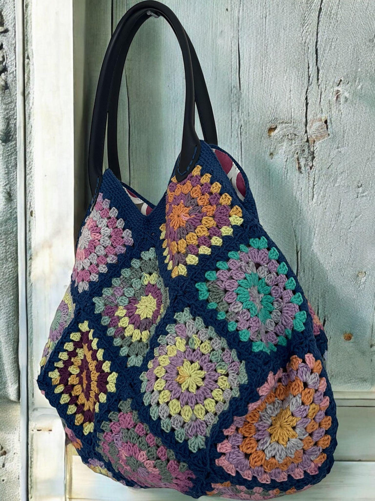 Navy Blue Crochet Bag: Handmade Granny Square Tote with Leather Handles