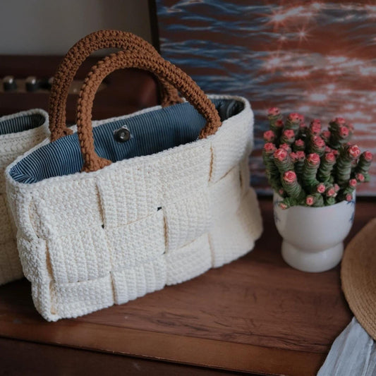 Classic Handmade Crochet Tote - Heavy-Duty Woven Basket Purse, Large Capacity Knit Shoulder Bag with Secure Snap Button, Gift for mon