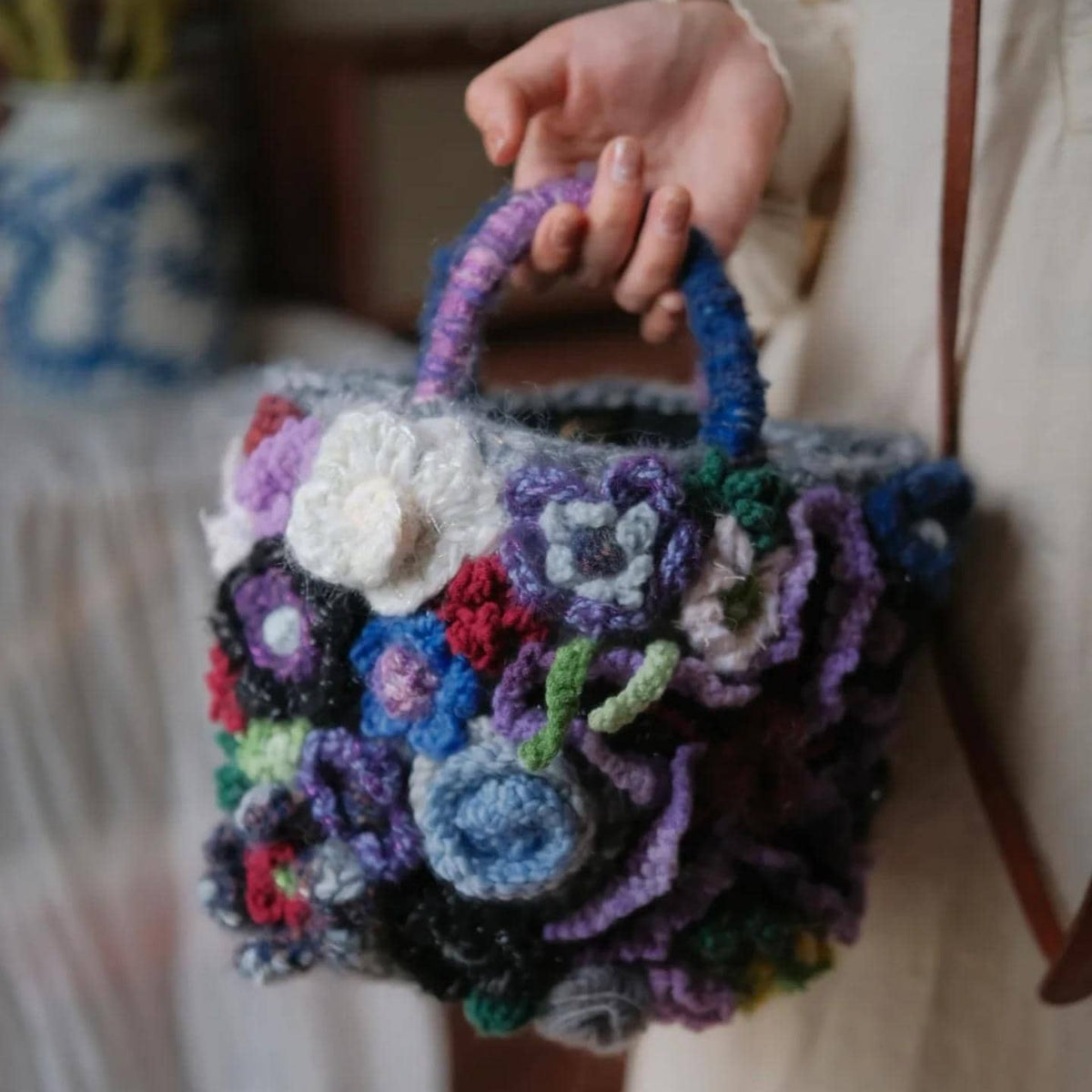 Handmade 3D Flower Crochet Bag, Boho Tote, Colorful Textured Knit Purse, Unique Artisan Handbag, Mother's Day Gift for Mom