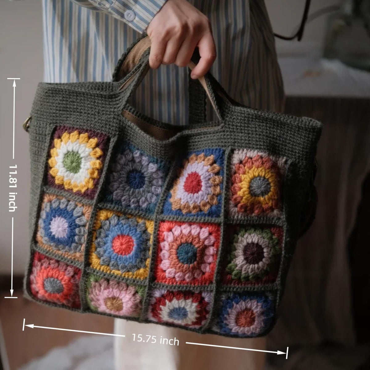 Handmade With 100% Premium Wool Crochet Tote Bag, 3D Granny Square Purse, Boho Shoulder Bag with Cotton Lining &amp; YKK Zipper, Gift for Her