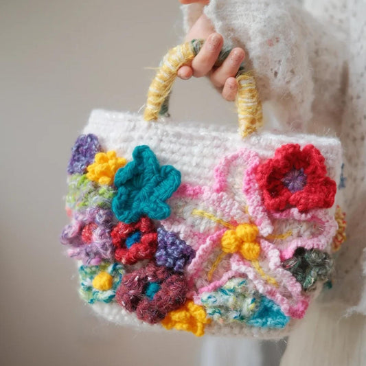 Handmade 3D Flower Crochet Bag, Vintage Boho Tote, Colorful Textured Knit Purse, Unique Artisan Handbag, Mother's Day Gift for Mom