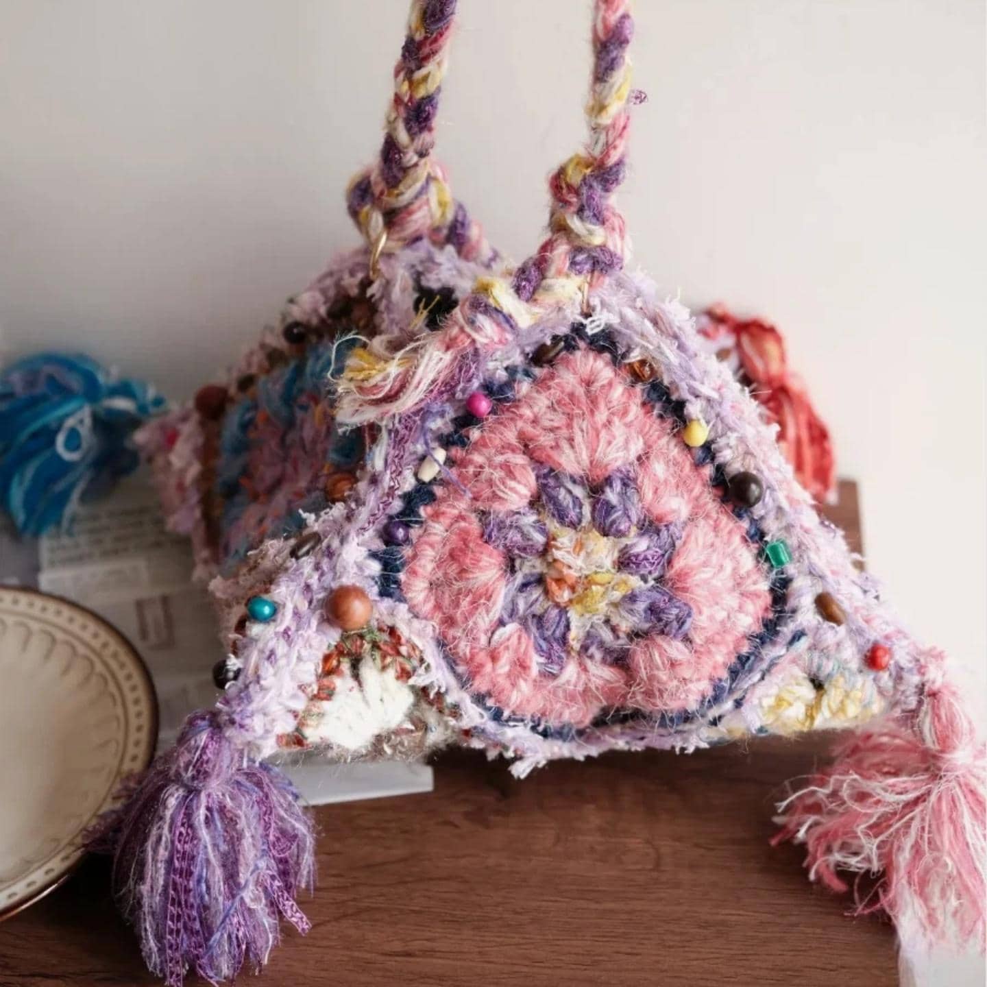 One-of-a-Kind Bag, Unique Crochet Shoulder Bag, Hand-Spun Yarn Granny Square Pyramid Purse, Eclectic Hippie Satchel, Statement Accessory