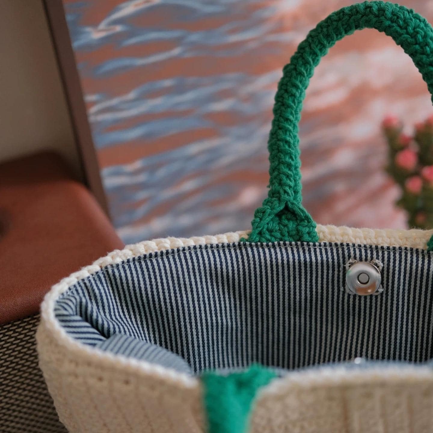 Handmade Woven Crochet Tote Bag - Cream Textured Basket Weave Shoulder Bag with Heavy-Duty Structure and Striped Fabric Lining, Gift for her
