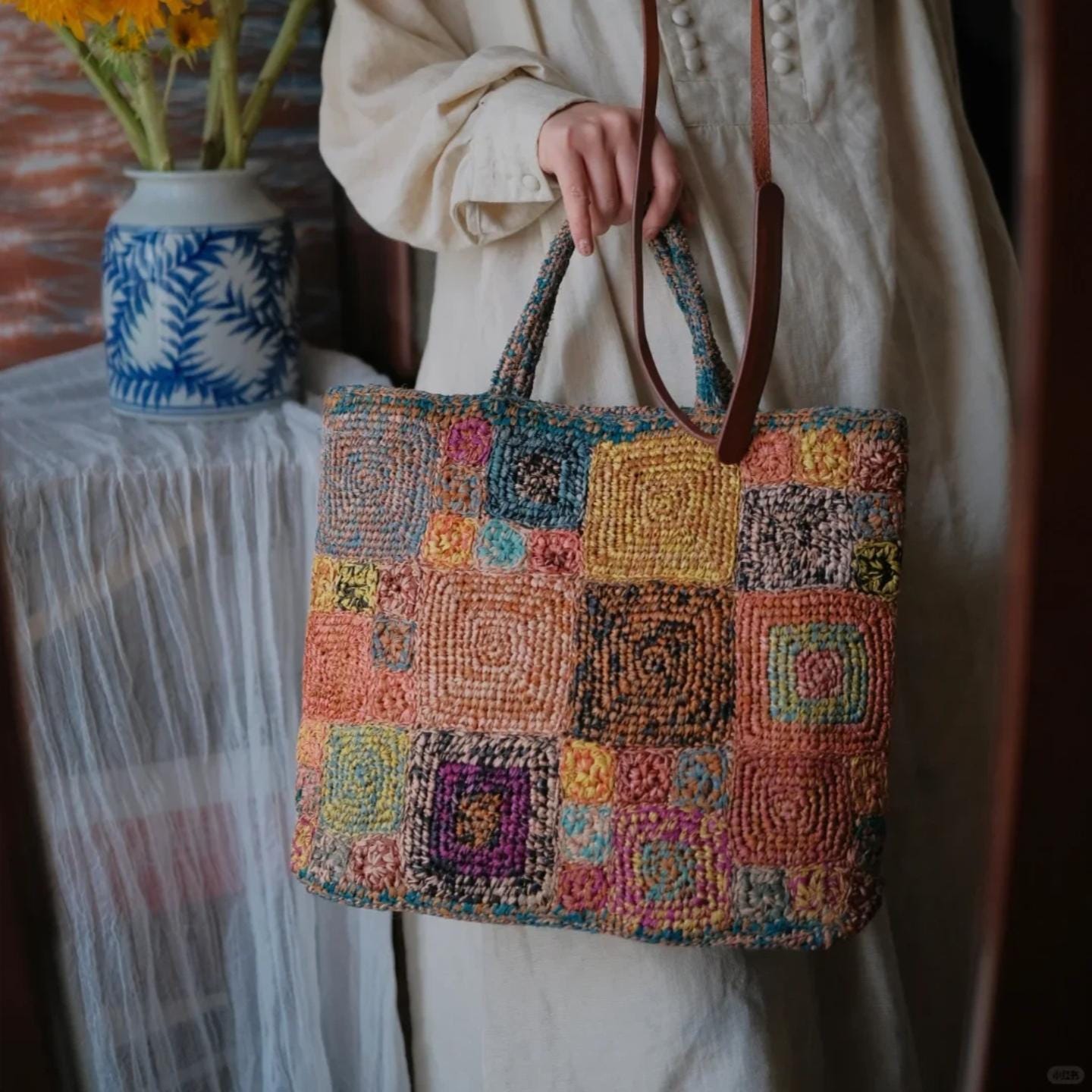 One-of-a-Kind Raffia Crochet Bag, Heavy-Duty Handwoven Tote with Magnetic Closure, Bohemian Summer Shoulder Bag, Gift for her