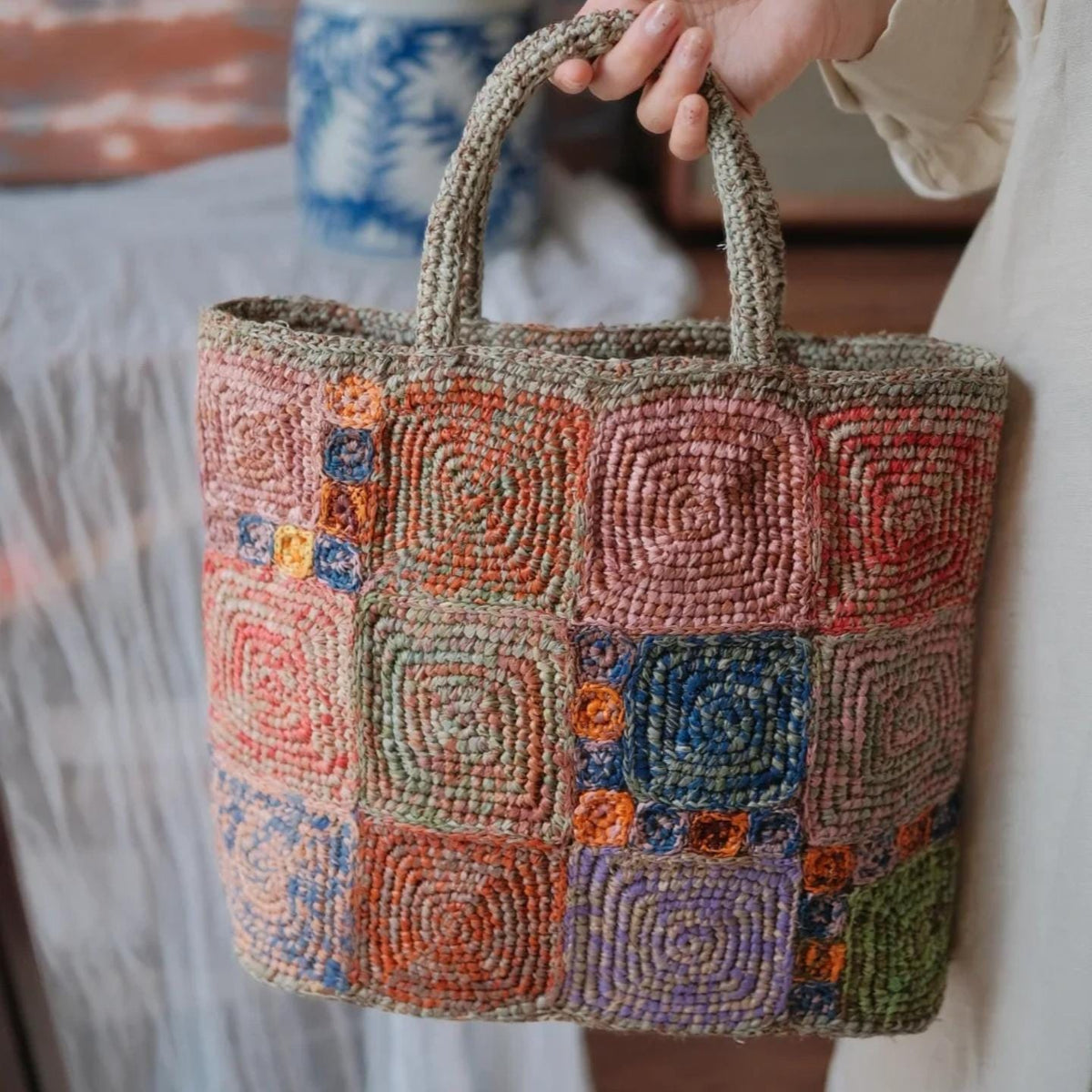 Handmade Boho Chic Raffia Handbag, Colorful Crochet Tote Bag, Woven Beach Bag with Magnetic Snap, Perfect for Vacation, Gift for Her