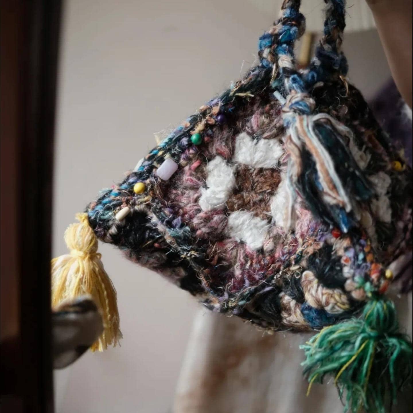 Handmade Boho Dumpling Bag, Colorful Textured Crochet Purse, Chunky Granny Square Tote with Tassels, Artisan Gift for Her