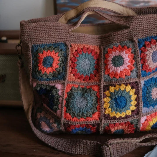 Boho Chic Crochet Bag, Handmade Wool Blend Tote, 3D Flower Granny Square Shoulder Bag, Durable YKK Zipper, Artisan Knit Purse, Gift for her