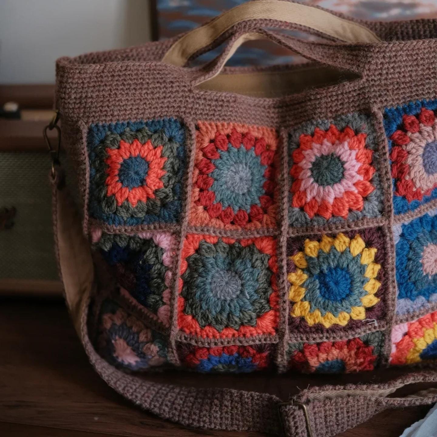 Handmade With 100% Premium Wool Crochet Tote Bag, 3D Granny Square Purse, Boho Shoulder Bag with Cotton Lining &amp; YKK Zipper, Gift for Her