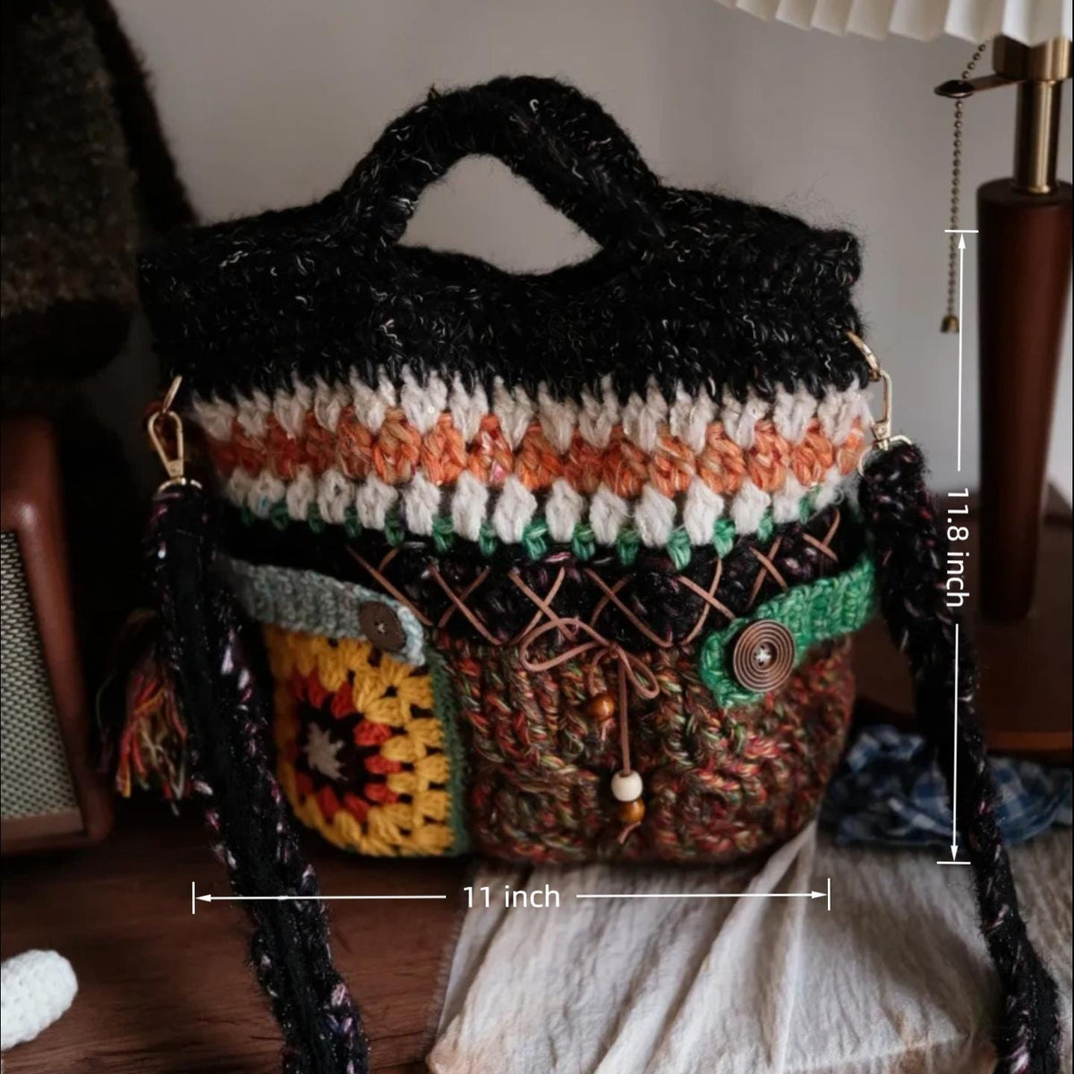 Handmade Crochet Tote Bag, "Wanderer's Soul" Mixed Yarn Bag, Lined Crochet Tote with Granny Square, Leather Button Detail, Boho Travel Purse