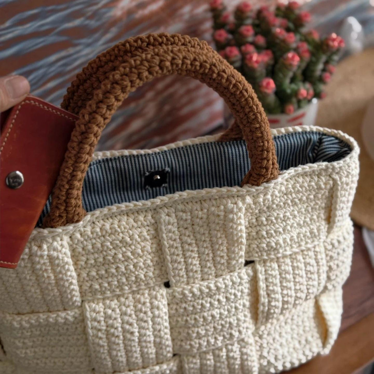Classic Handmade Crochet Tote - Heavy-Duty Woven Basket Purse, Large Capacity Knit Shoulder Bag with Secure Snap Button, Gift for mon