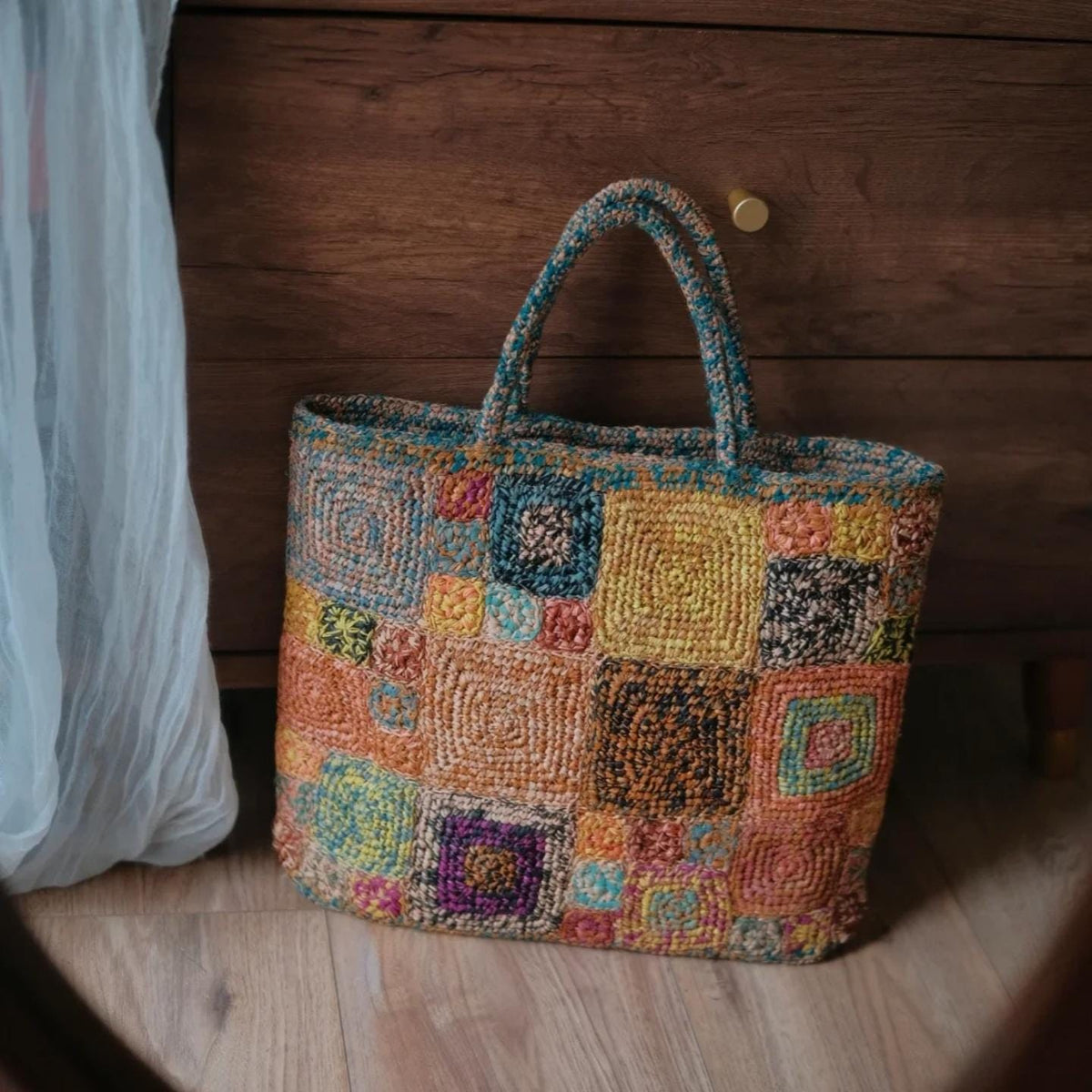 Handmade Boho Chic Raffia Handbag, Colorful Crochet Tote Bag, Woven Beach Bag with Magnetic Snap, Perfect for Vacation, Gift for Her