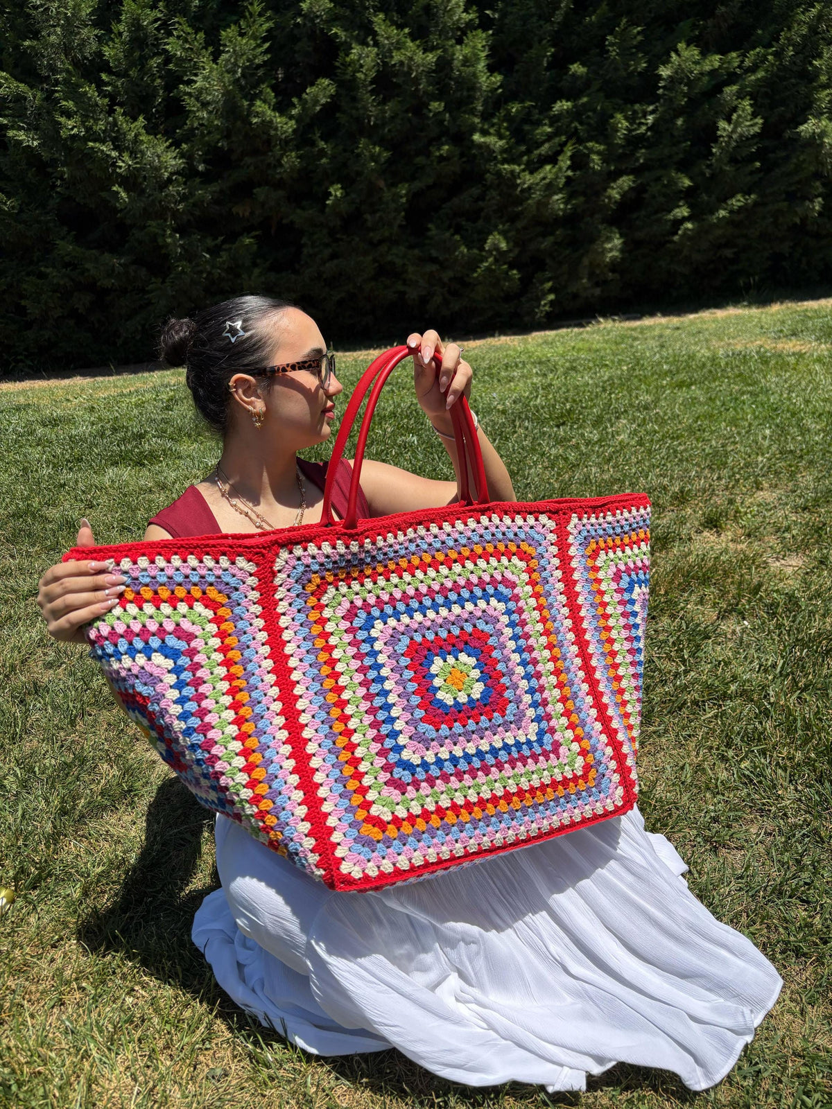 XXL Crochet Granny Square Tote: Leather Handles, Boho Weekender, Spring Style Bag