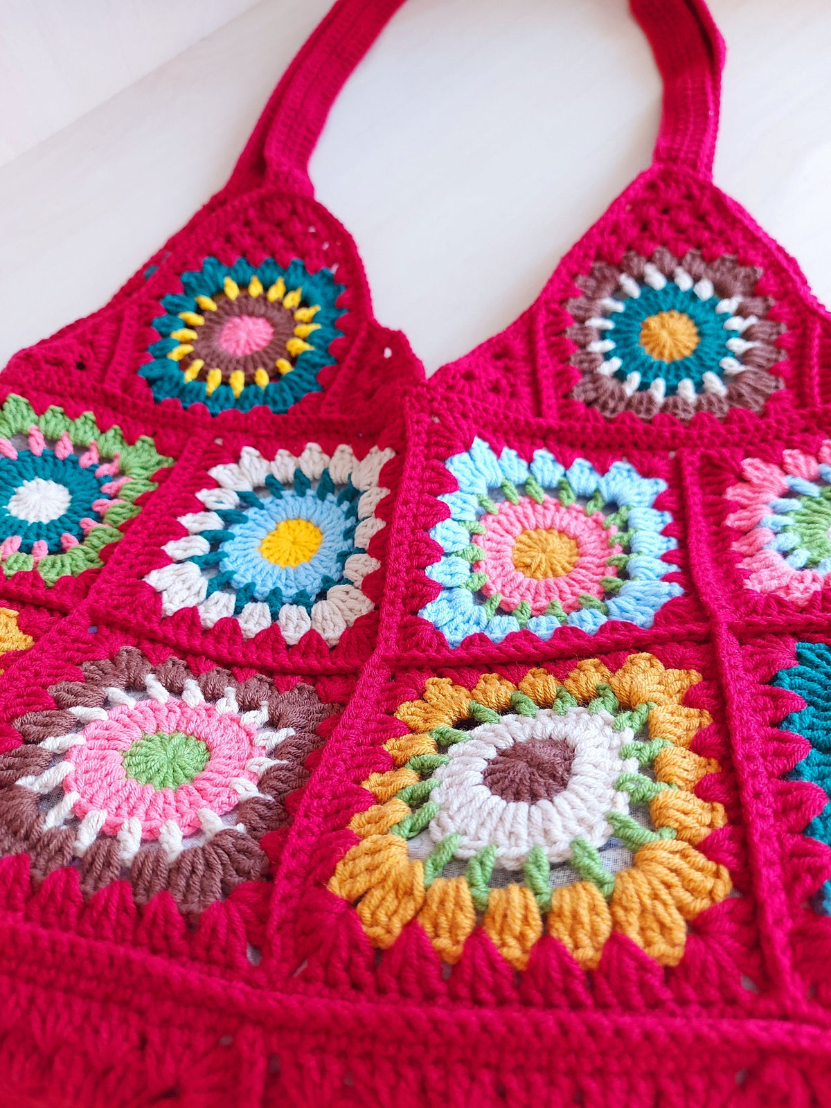 Red Granny Square Shoulder Bag: Crochet Tote Bag