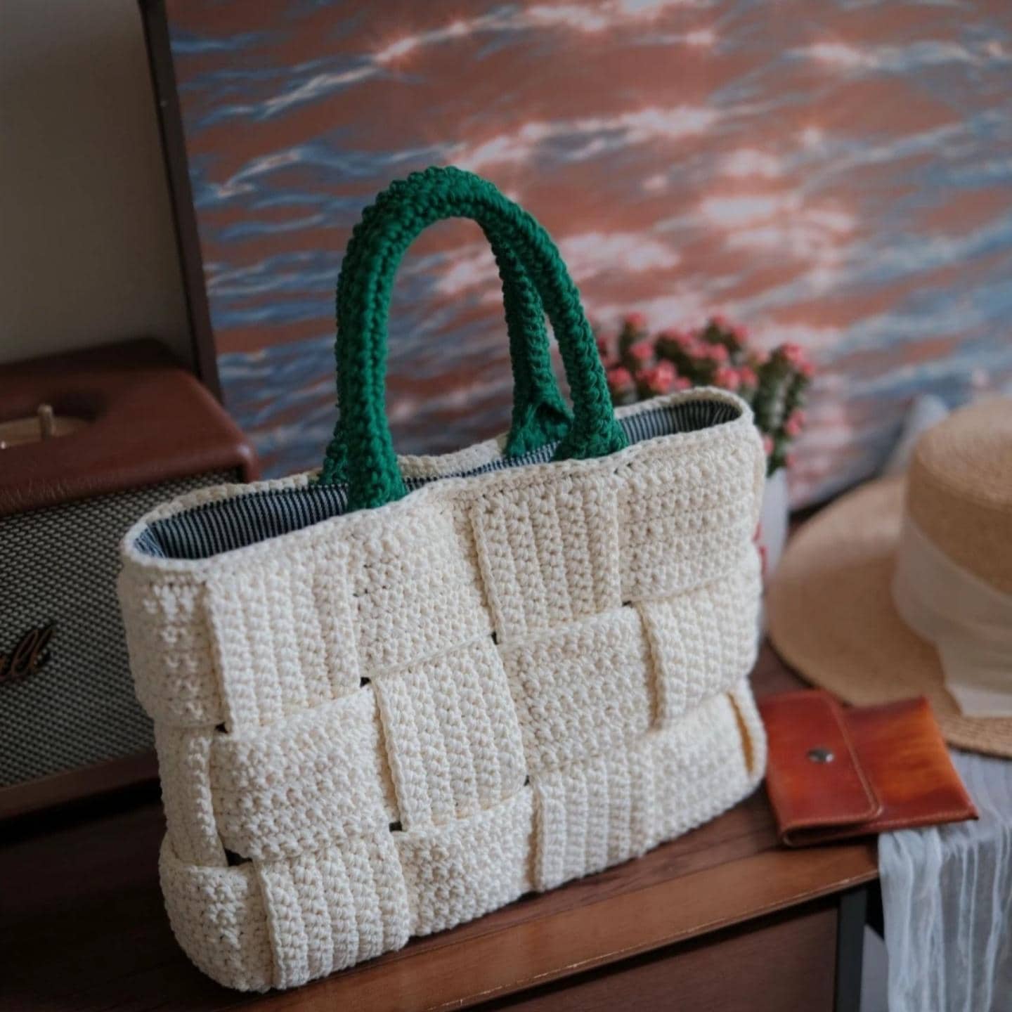 Classic Handmade Crochet Tote - Heavy-Duty Woven Basket Purse, Large Capacity Knit Shoulder Bag with Secure Snap Button, Gift for mon