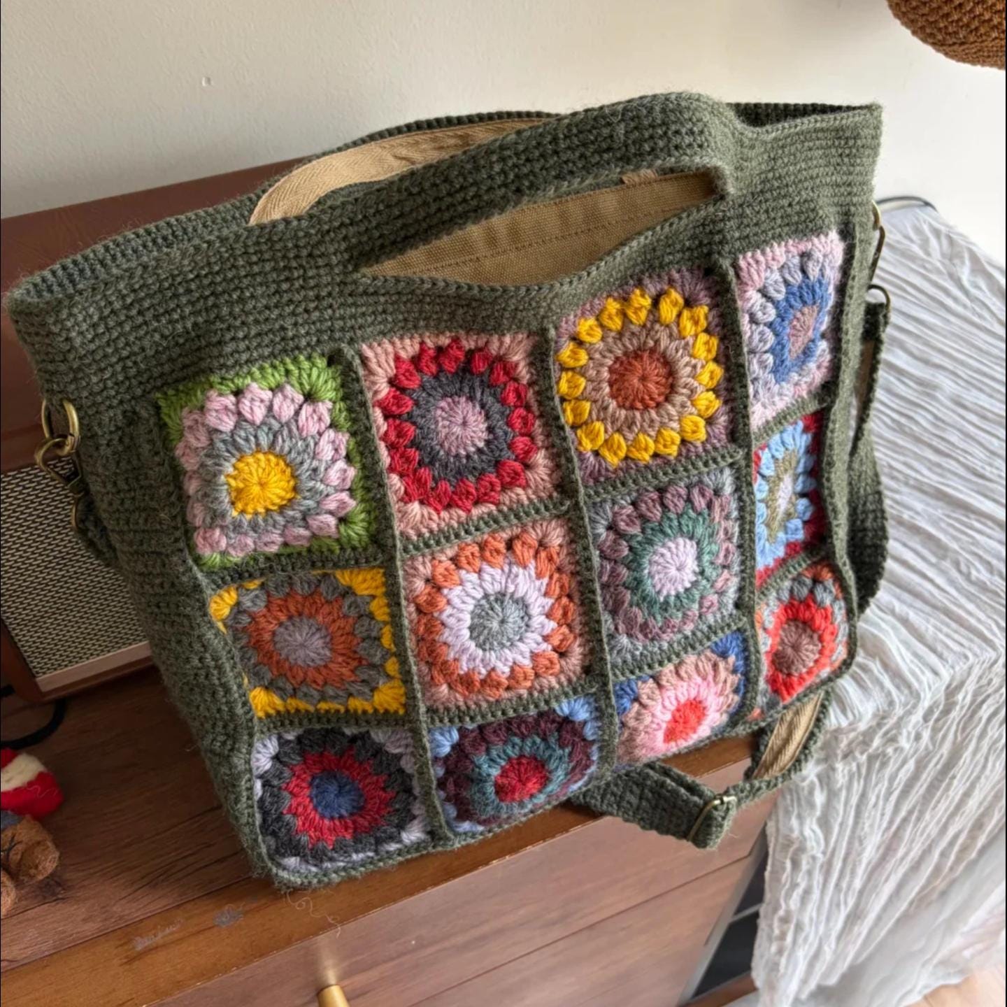 Handmade With 100% Premium Wool Crochet Tote Bag, 3D Granny Square Purse, Boho Shoulder Bag with Cotton Lining &amp; YKK Zipper, Gift for Her