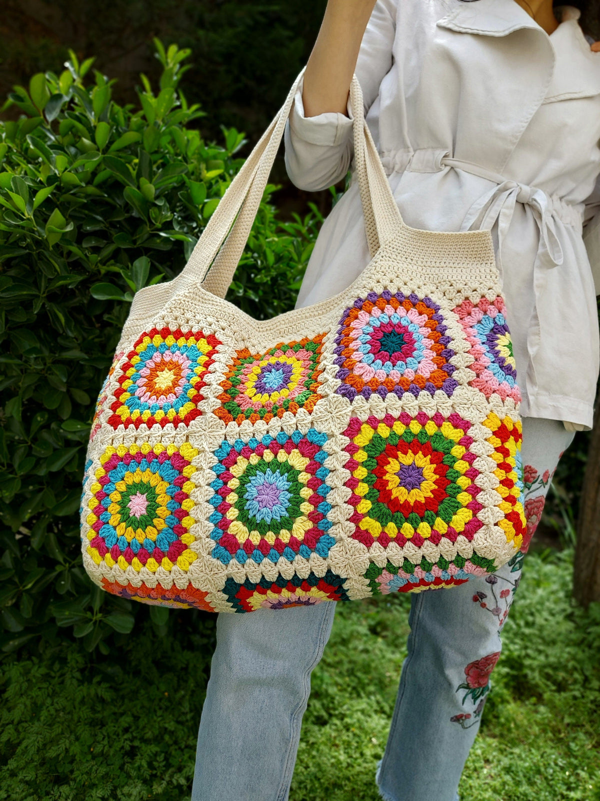 Granny Square Bag, Crochet Handle Bag, Crochet Bag, Shoulder Tote Bag, Handbags for Woman