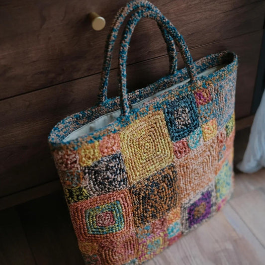 Artisan Raffia Patchwork Tote, Handcrafted Crochet Beach Bag, Sturdy Woven Purse with Cotton Lining, Unique Gift for Her, Gift for her